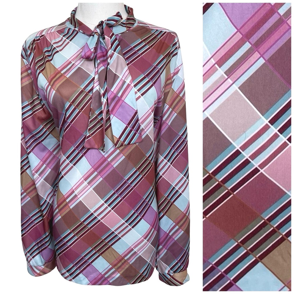 Vintage Plaid Neck Bow Blouse Women 40 Pink Purple Retro Secretary Top Mod  70s